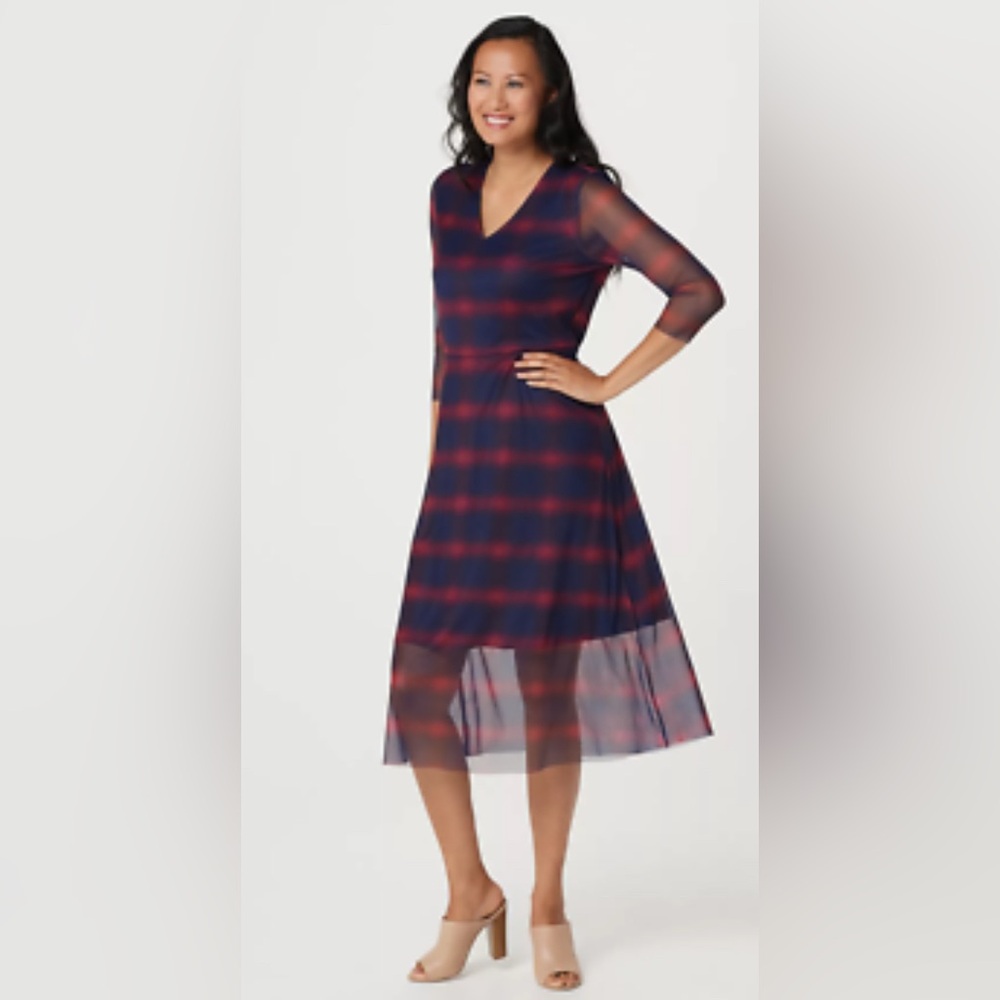 Du Jour Printed Mesh Blue Plaid Plus Size  Dress   Size  1X